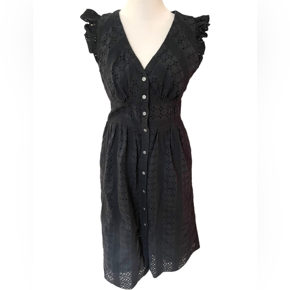 J. Crew Midi Dress with Ruffle Sleeves and Front Buttons in Black Eyelet, Sz 6